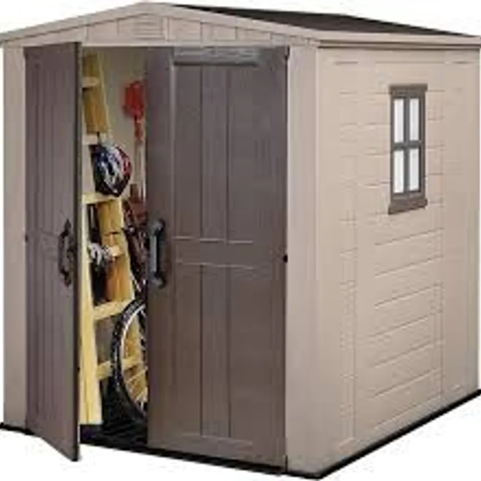 BOXED KETER FACTOR 6x6 FT APEX BEIGE PLASTIC 2 DOOR SHED WITH FLOOR & 1 WINDOW (2 BOXES)