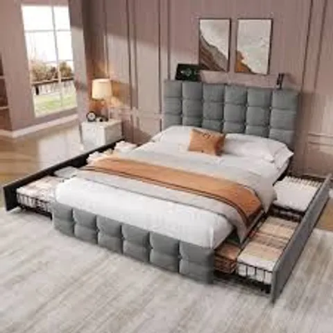 GREY VELVET 4FT6 DOUBLE BED WITH 4 DRAWERS & CHARGING HEADBOARD (2BOXES)
