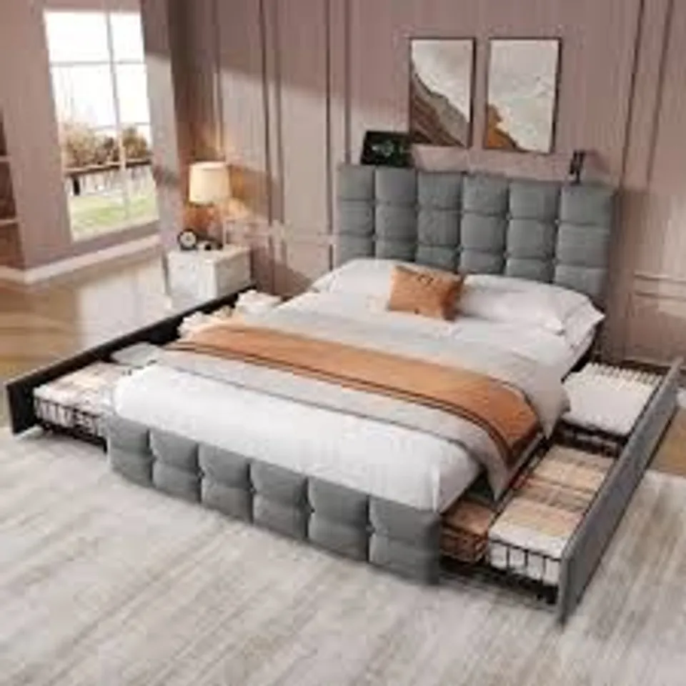GREY VELVET 4FT6 DOUBLE BED WITH 4 DRAWERS & CHARGING HEADBOARD (2BOXES)
