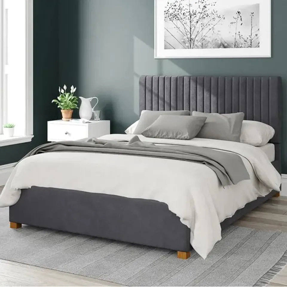 BOXED GRANT PLUSH VELVET OTTOMAN BED FRAME - SILVER VELVET // SIZE: 4' SMALL DOUBLE (3 BOXES)