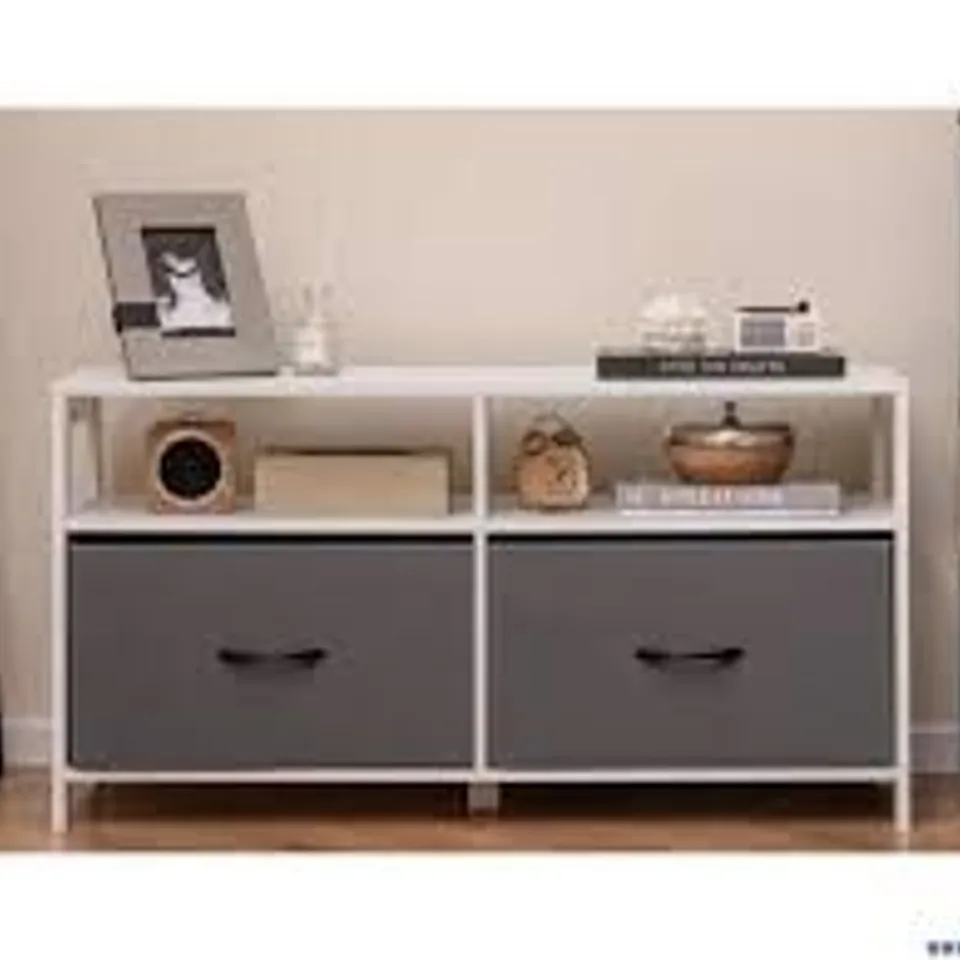 BOXED COSTWAY FABRIC DRESSER WITH 2 DRAWERS AND 2 OPEN SHELVES FABRIC BINS - WHITE