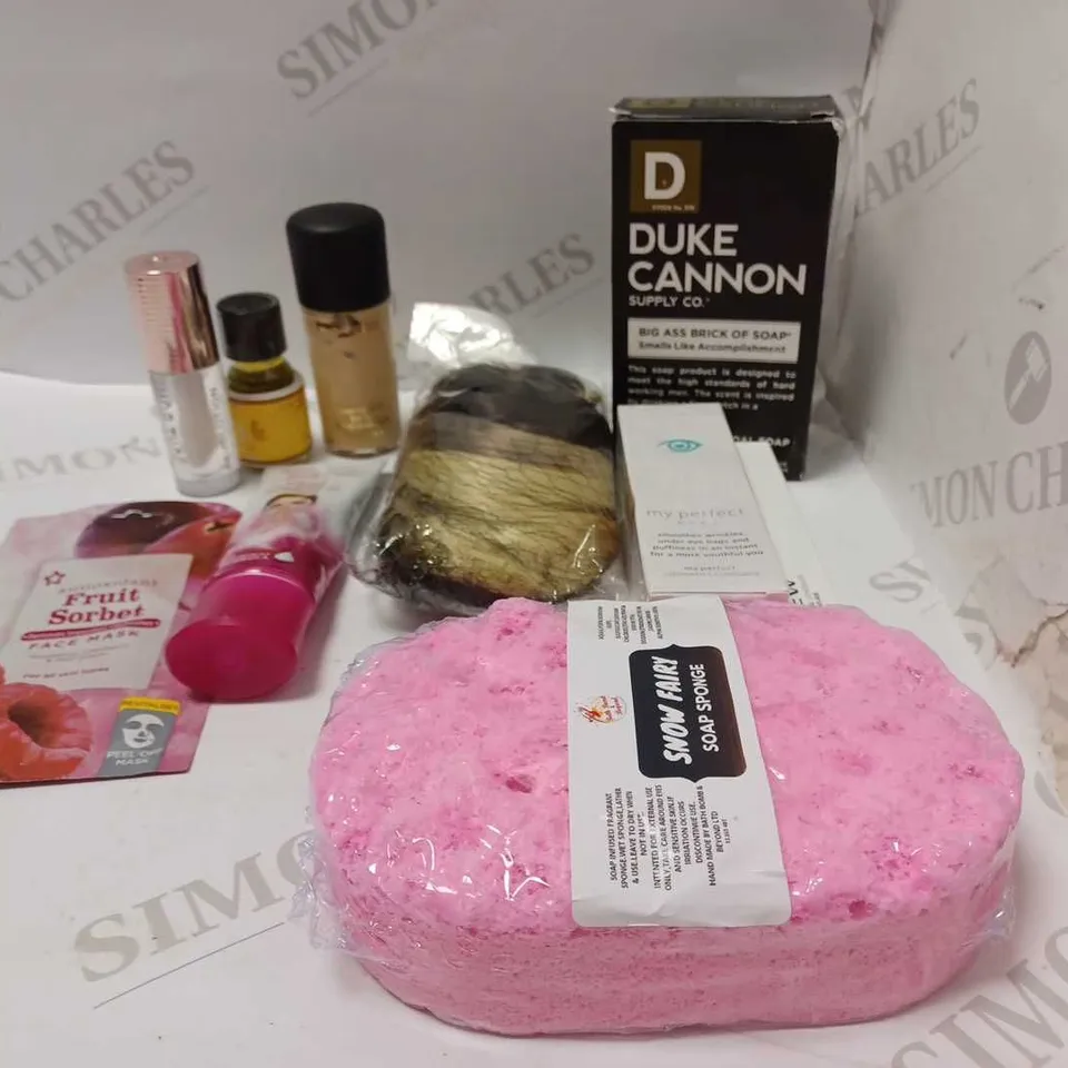 LOT OF TEN TO INCLUDE SOAP , SNOW FAIRY SOAP SPONGE AND ANEW CONCEALER