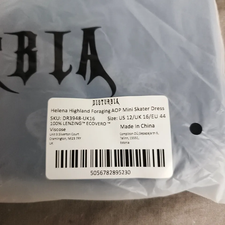 BAGGED DISTURBIA HELENA HIGHLAND FORAGING AOP MINI SKATER DRESS – WOMEN'S UK 16 