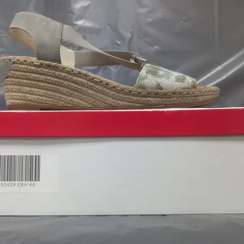 BOXED PAIR OF RIEKER WEDGE SANDALS IN MULTI SIZE 6