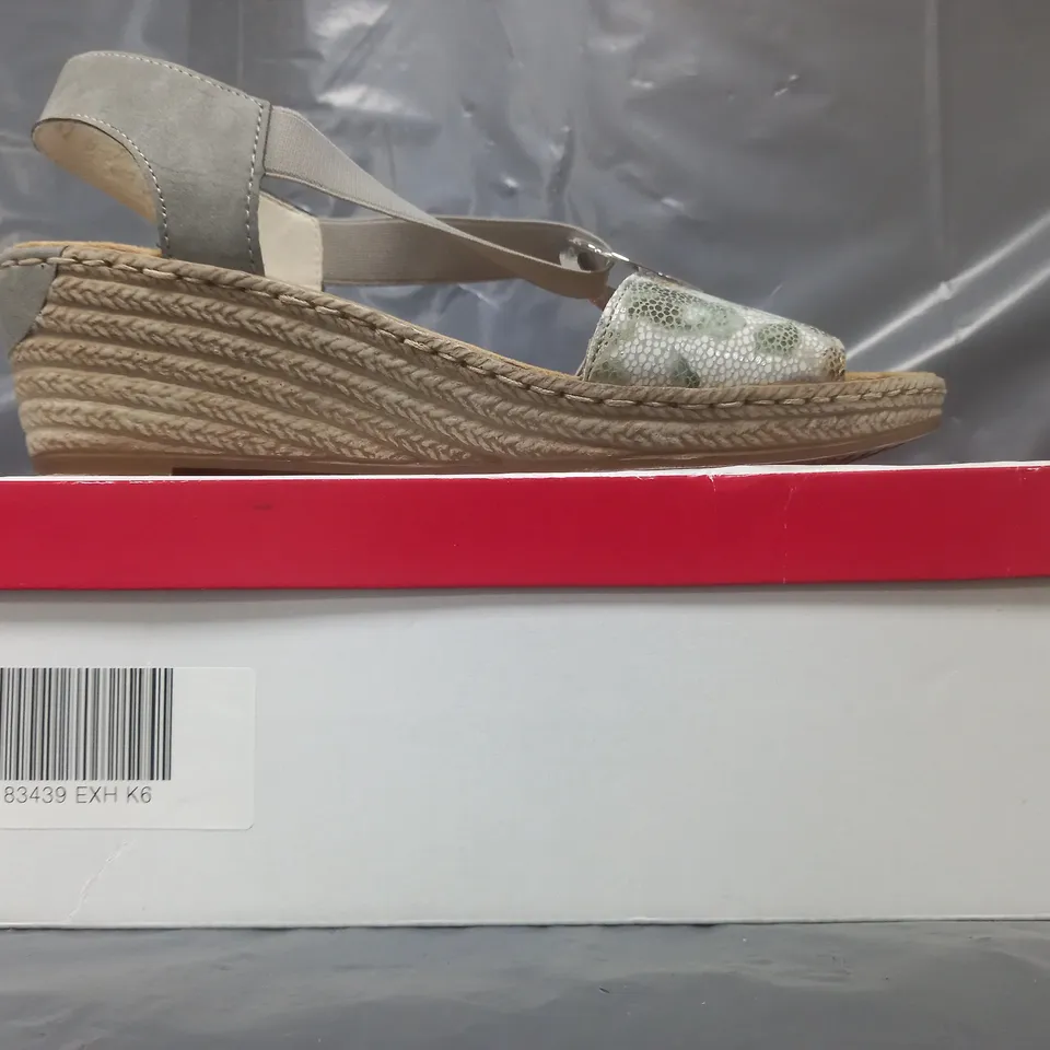 BOXED PAIR OF RIEKER WEDGE SANDALS IN MULTI SIZE 6