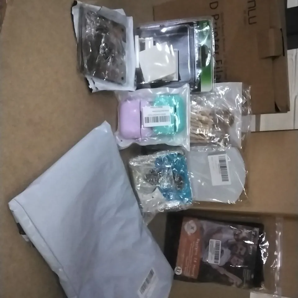  BOXED AND PACKAGED ASSORTMENT OF ITEMS , INCLUDING AIRPODS CASE , 3D PRINTER FILAMENT , WOODEN PEGS , BLANKING KIT