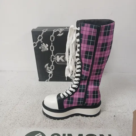 KOI IRREVLEVANT PINK CHECK LONG PLATFORM BOOTS –  (WOMEN) – PLATFORMED LACE-UP WITH SIDE ZIP UK4