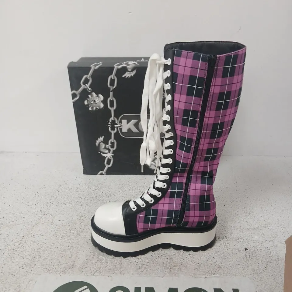 KOI IRREVLEVANT PINK CHECK LONG PLATFORM BOOTS –  (WOMEN) – PLATFORMED LACE-UP WITH SIDE ZIP UK4