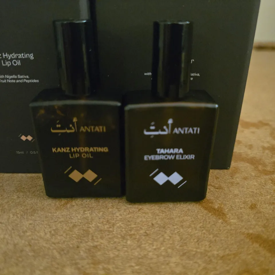 LOT OF 2 BOXED ANTATI BEAUTY ITEMS INCLUDES TAHARA EYEBROW ELIXIR AND KANZ HYDRATING LIP OIL