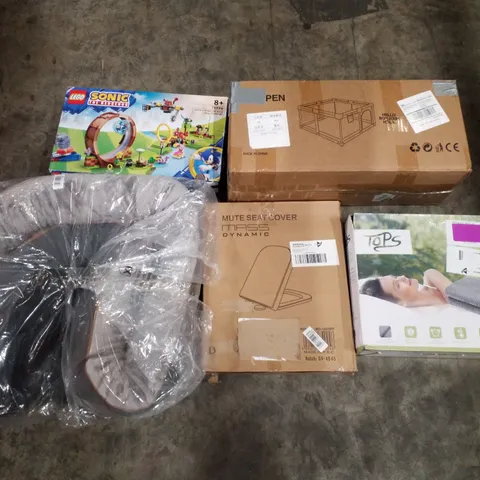 PALLET CONTAINING ASSORTED PRODUCTS TO INCLUDE PLAYPEN, TOILET SEAT, HEATED THROW, SONIC THE HEDGEHOG LEGO SET, PET BED