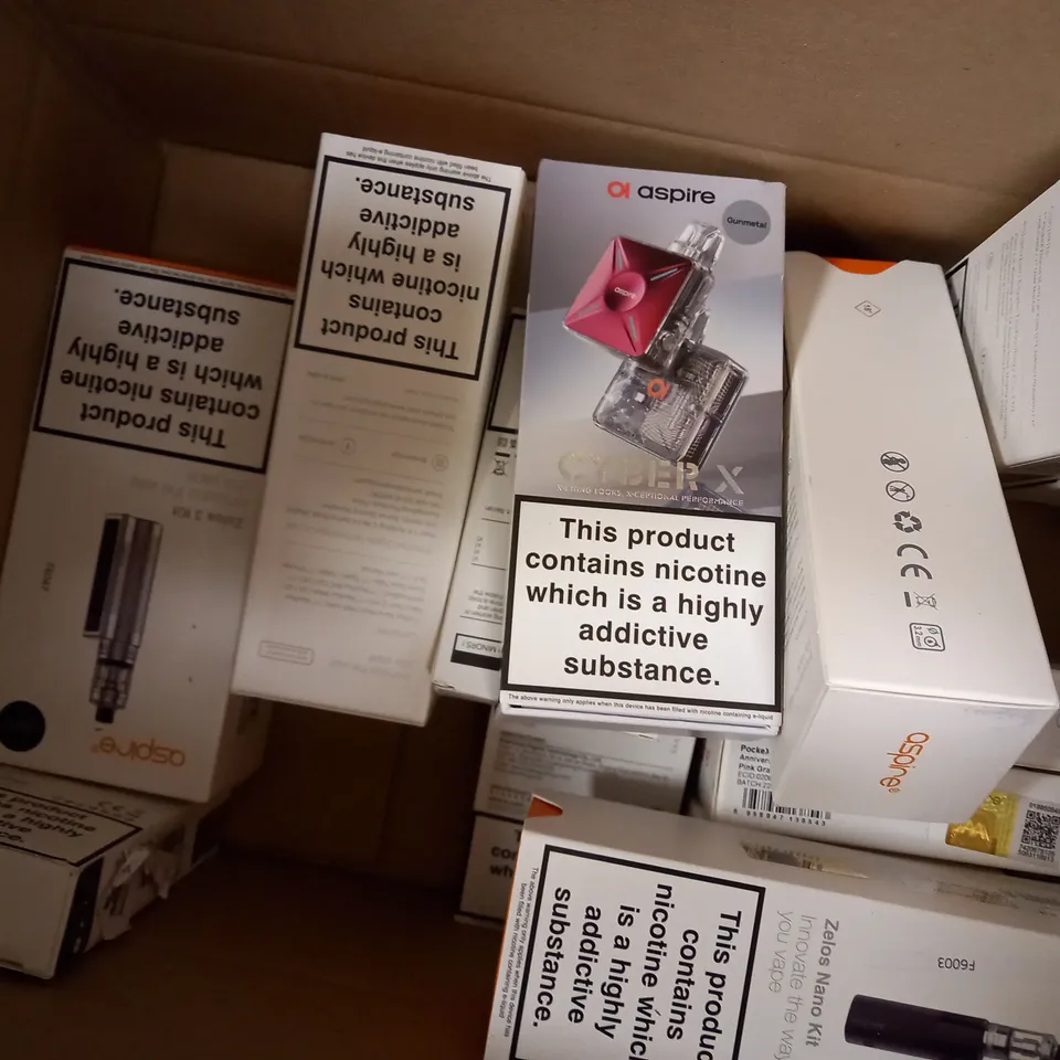 APPROXIMATELY 20 ASSORTED BOXED ASPIRE VAPING PRODUCTS TO INCLUDE ZELOS 3 KIT, ZELOS NANO KIT, POCKEX KIT ETC.