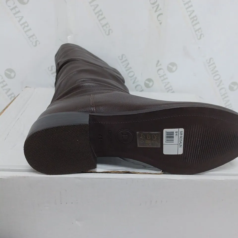 BOXED PAIR OF DUNE CALF-LENGTH BOOTS IN BROWN LEATHER SIZE 8 