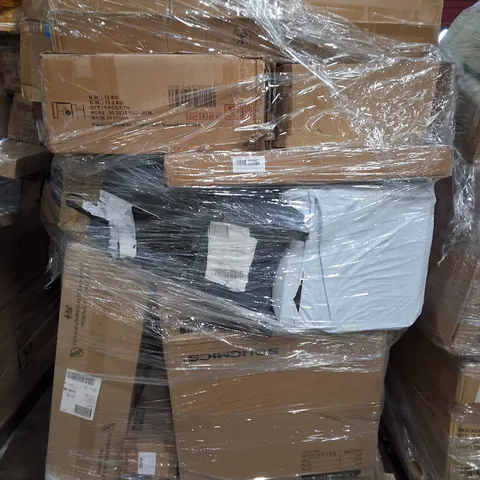 PALLET OF ASSORTED ITEMS TO INCLUDE MULTIPLE BOXED BINS, END TABLE AND DUMBELLS