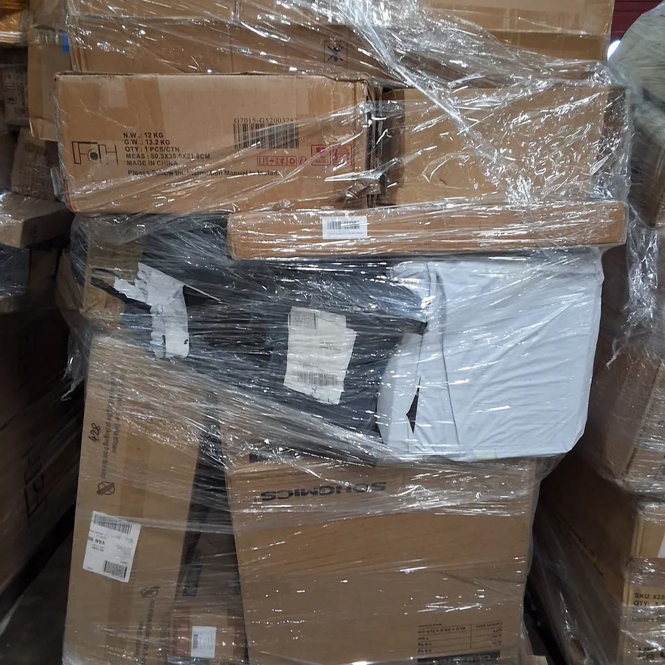 PALLET OF ASSORTED ITEMS TO INCLUDE MULTIPLE BOXED BINS, END TABLE AND DUMBELLS