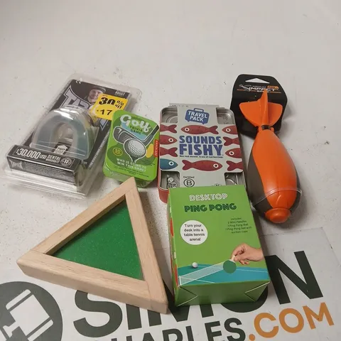APPROXIMATELY 10 ASSORTED TOYS AND GAMES TO INCLUDE DESKTOP PING PONG, TRIVIA GAME, MOUTH GUARD ETC 