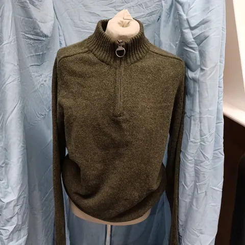 BARBOUR GRANGETOWN HALF ZIP KNITTED JUMPER – MID OLIVE – UK SIZE S