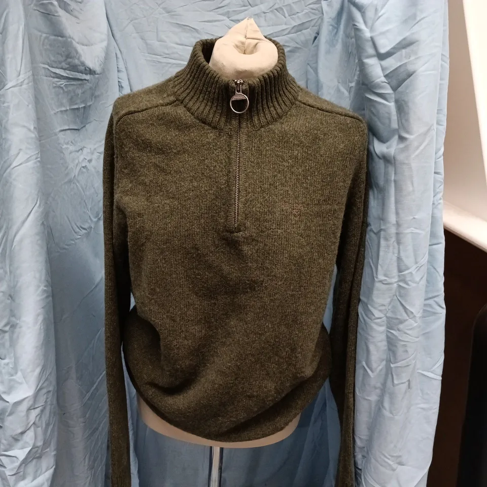 BARBOUR GRANGETOWN HALF ZIP KNITTED JUMPER – MID OLIVE – UK SIZE S