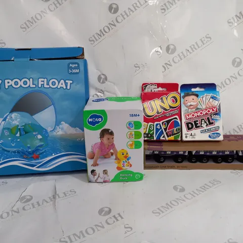BOX OF APPROX 15 ASSORTED TOYS TO INCLUDE - UNO - LAYCOL BABY POOL FLOAT - HOLA DANCING DUCK ECT