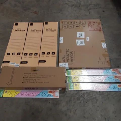 PALLET OF ASSORTED HOUSEHOLD GOODS AND PRODUCTS TO INCLUDE; KEPLIN SHOE RACKS, FOHO VACUUM STANDS, WALL MOUNTED MIRROR, DRY ERASE SENTENCE STRIPS ETC