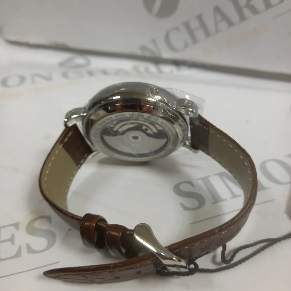 BOXED SAMUEL JOSEPH AUTOMATIC STEEL BROWN WATCH WITH LEATHER STRAP