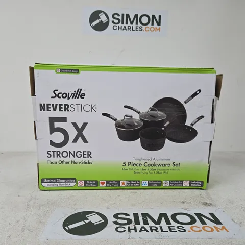 SCOVILLE NEVERSTICK 5-PIECE COOKWARE SET – BOXED (16CM MILK PAN; 18CM & 20CM SAUCEPAN WITH LIDS; 26CM FRYING PAN; 28CM WOK)