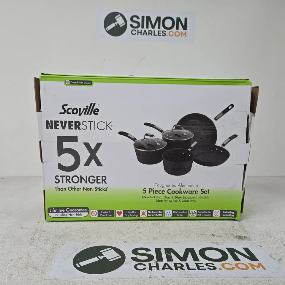 SCOVILLE NEVERSTICK 5-PIECE COOKWARE SET – BOXED (16CM MILK PAN; 18CM & 20CM SAUCEPAN WITH LIDS; 26CM FRYING PAN; 28CM WOK)