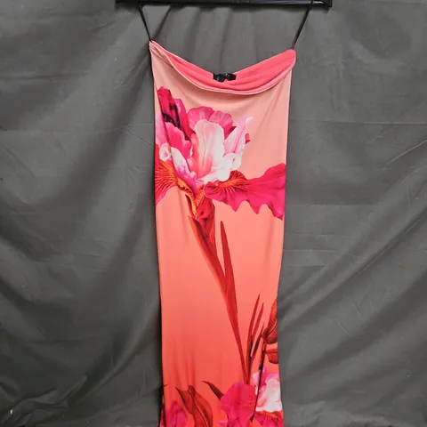 CLUB LONDON CEREMONY FLORAL PRINT BANDEAU FISHTAIL MAXI DRESS IN PINK OMBRE SIZE 10