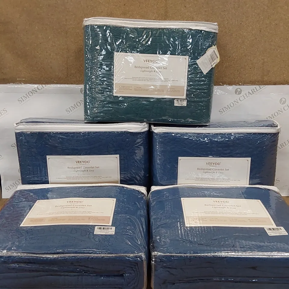 BOX OF 5X VEEYOO BEDSPREAD COVERLET SETS - SIZES AND COLOURS VARY (1 BOX)