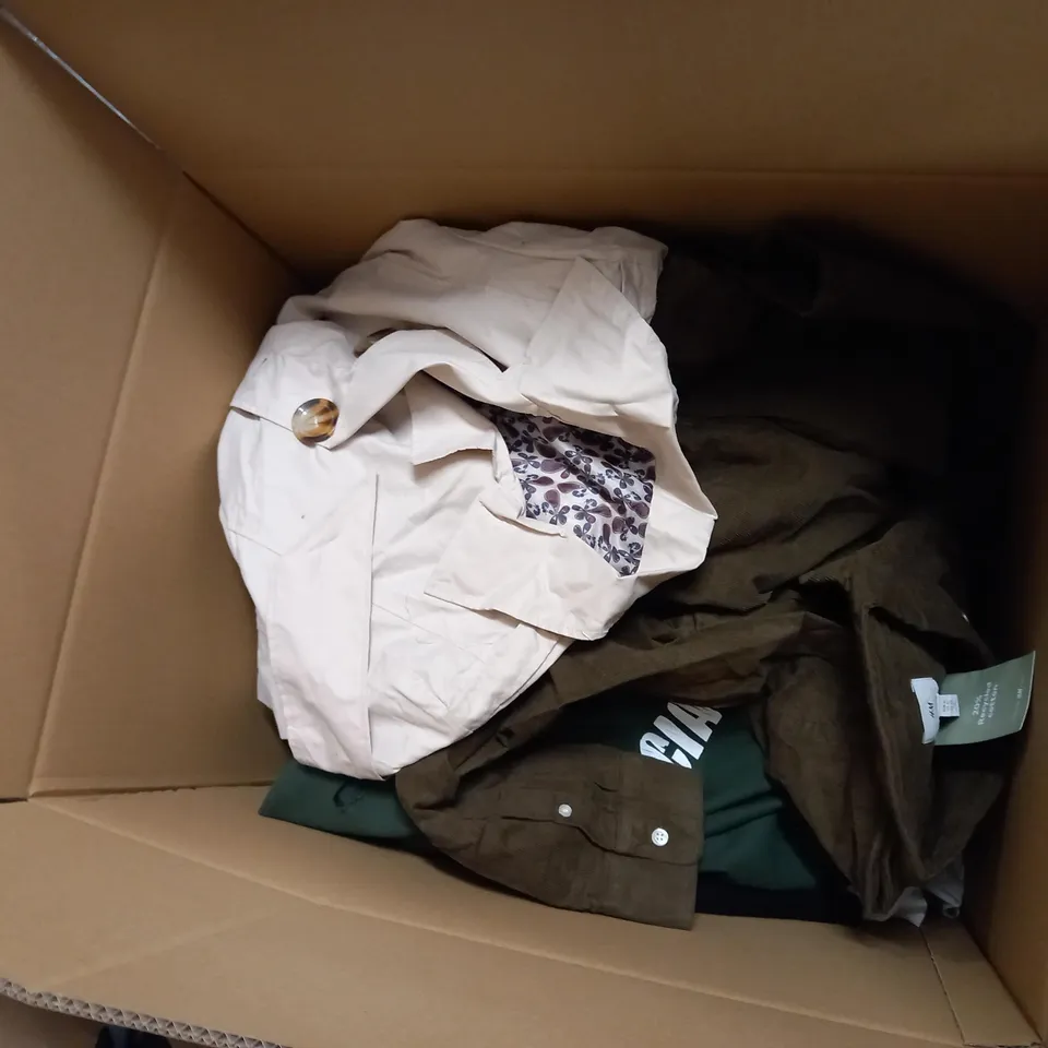 BOX OF APPROXIMATELY 25 ASSORTED CLOTHING ITEMS TO INCLUDE A BLUE ZIPPED LADIES JACKET, AND A DINOSOUR THEMED CHILDRENS BAG AND A UNDERWEAR SET