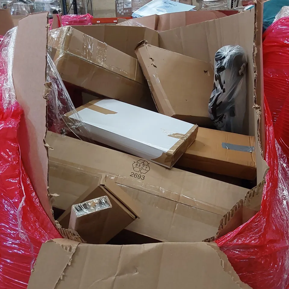 PALLET OF ASSORTED HOUSEHOLD ITEMS AND CONSUMER PRODUCTS TO INCLUDE; COOKER HOOD, DANCE MAT, PLAY MAT, BOXED FURNITURE ETC 