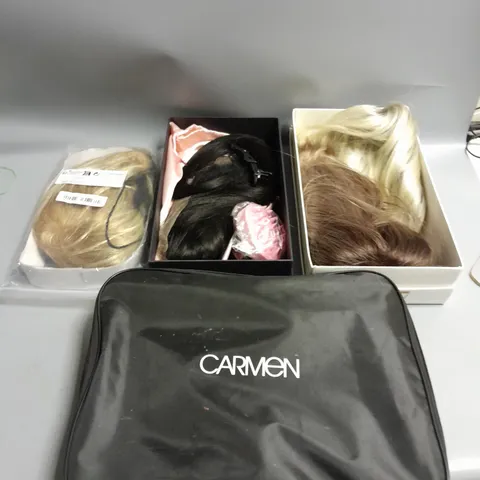BOX OF ASSORTED HAIR WIGS COMING IN DIFFERENT SIZES AND COLOURS