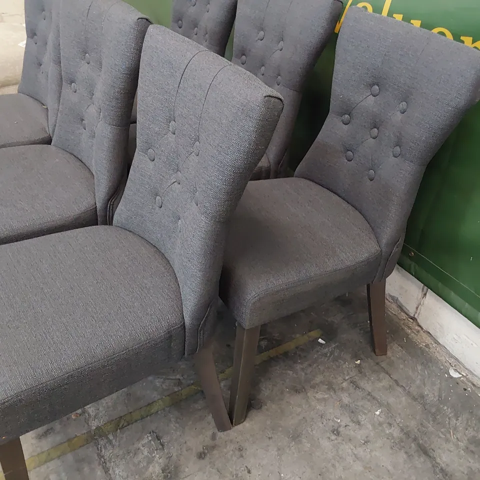 SET OF SIX UPHOLSTERED DINING CHAIRS BUTTONED BACKS, CHARCOAL FABRIC ON SILVER LEGS