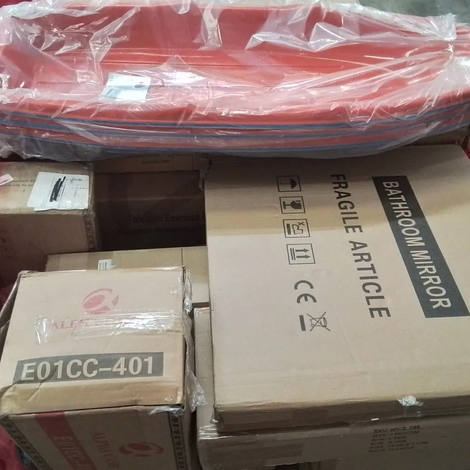 PALLET CONTAINING VARIOUS ASSORTED BOXED HOUSEHOLD ITEMS TO INCLUDE: SNOW SLEDS, FOLDABLE EXERCISE BIKE, BATHROOM MIRROR, TOILET SEAT AID AND LOTS MORE UNMARKED BOXED ITEMS 