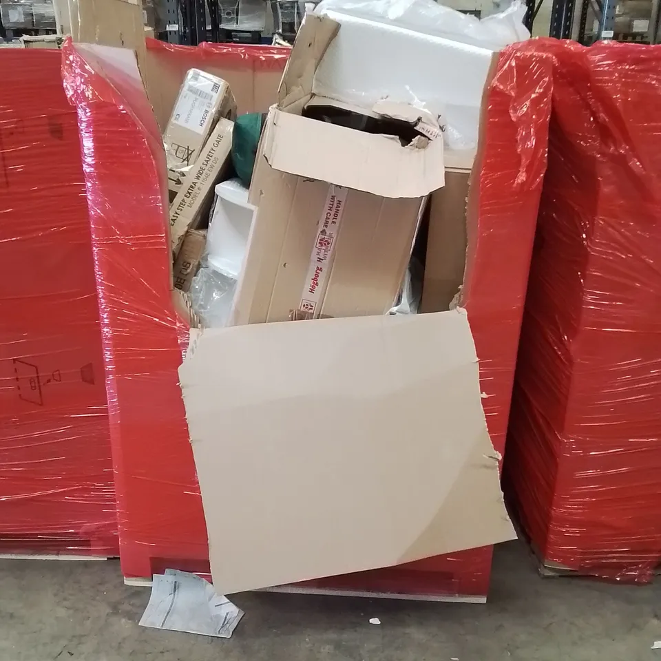 PALLET OF ASSORTED HOUSEHOLD GOODS AND PRODUCTS TO INCLUDE; JET WASH, SAFETY GATES, BOSCH COOKTOP, BOXED FURNITURE ETC