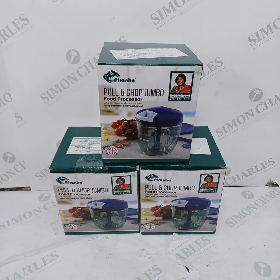 3 BOXED PIRANHA PULL AND CHOP JUMBO FOOD PROCESSORS - BLUE