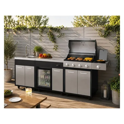 BOXED BOSS GRILL OUTDOOR KITCHEN – 4 BURNER GAS BBQ GRILL WITH BEVERAGE COOLER AND SINK – BLACK (KIT BOX 3 OF 4).