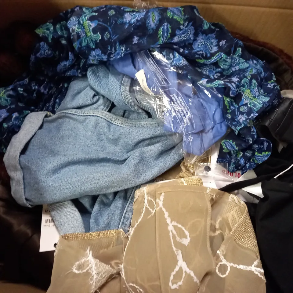 BOX OF ASSORTED CLOTHING ITEMS TOO INCLUDE JUMPERS, SHIRTS AND TROUSERS IN VARIOUS SIZES AND COLOURS   