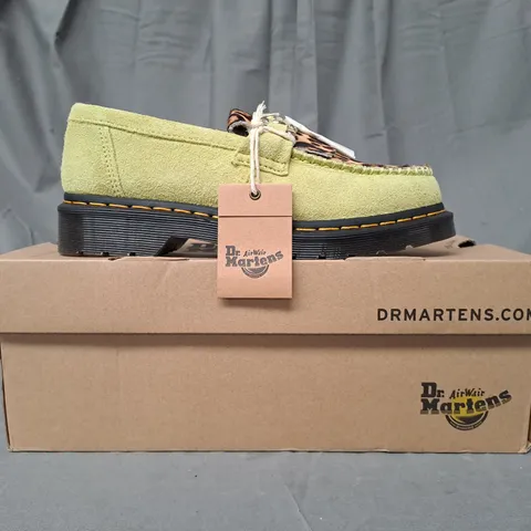 BOXED PAIR OF DR MARTENS ADRIAN BONE SNAFFLE SUEDE LOAFERS IN LIME/LEOPARD PRINT FAUX HAIR UK SIZE 6