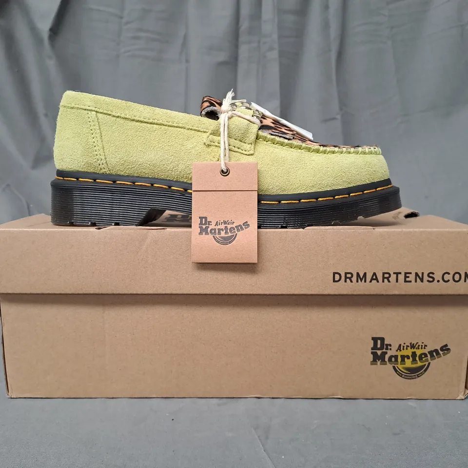 BOXED PAIR OF DR MARTENS ADRIAN BONE SNAFFLE SUEDE LOAFERS IN LIME/LEOPARD PRINT FAUX HAIR UK SIZE 6