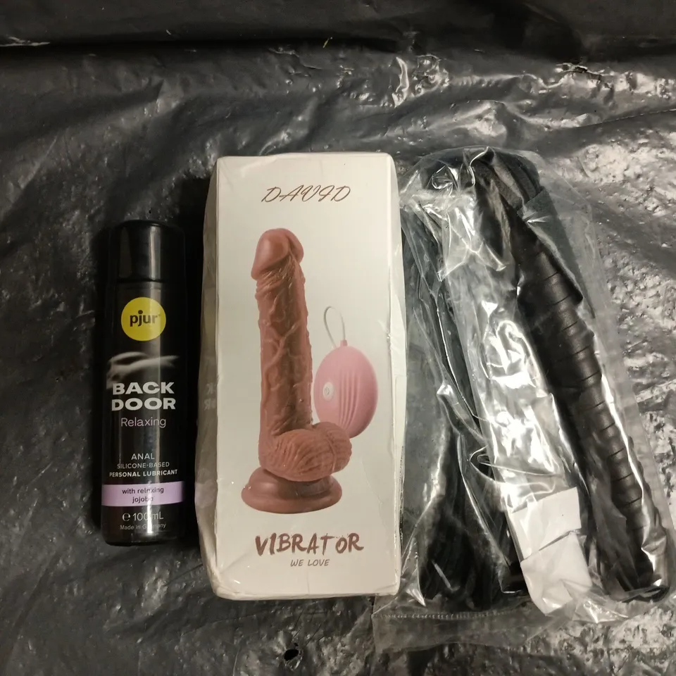 BOX OF APPROXIMATELY 10 ASSORTED ADULT ITEMS TO INCLUDE LEATHER FLOGGER WHIP, DAVID VIBRATOR, BACK DOOR ANAL LUBE, ETC