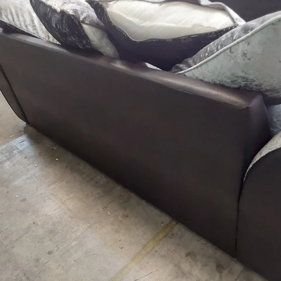 DESIGNER THREE SEATER SOFA BLACK FAUX LEATHER  & CRUSHED SILVER VELVET WITH SCATTER CUSHIONS 