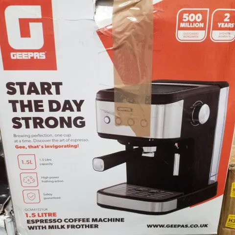 BOXED GEEPAS ESPRESSO & CAPPUCCINO COFFEE MACHINE MILK FROTHED, 20 BAR PRESSURE - 1.5L WATER TANK