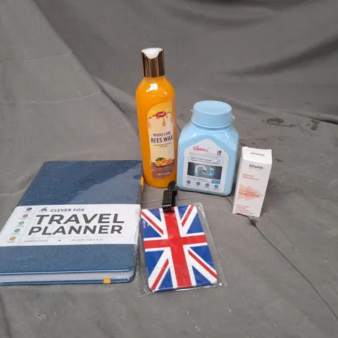 APPROXIMATELY 20 ASSORTED HOUSEHOLD PRODUCTS TO INCLUDE WOODCARE BEES WAX, TRAVEL PLANNER AND UNION JACK ID BADGE