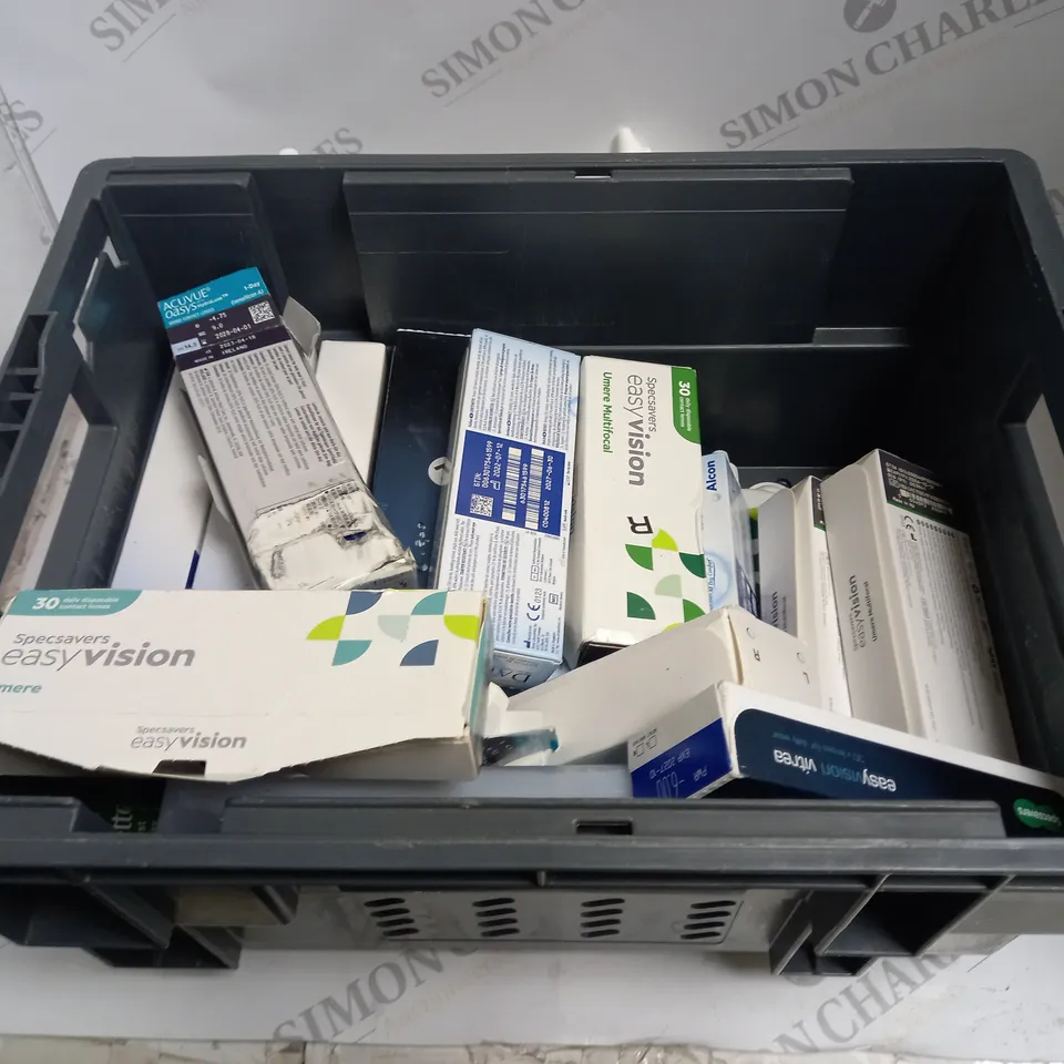 BOXED LOT TO CONTAIN APPROX. 35 X ASSORTED VISION CARE PRODUCTS. INCLUDES PACKS OF CONTACT LENSES & CONTACT LENSE CLEANING SOLUTION. BRANDS VARY