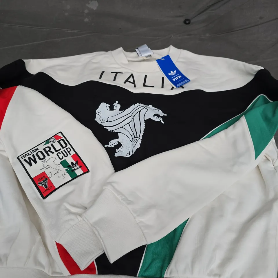 ADIDAS ITALIA CREW SWEATSHIRT – WHITE WITH ITALIAN CREST & WORLD CUP SLEEVE PATCH - XS