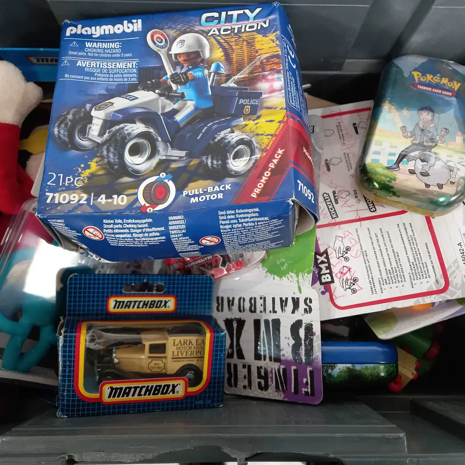 BOX OF APPROX 25 ASSORTED TOYS TO INCLUDE - MATCHBOX RIBENA TRUCK - PLAYMOBIL CITY ACTION 71092 - MATCH STICK MONKEY ECHO ELPHANT TEETHEHER ECT 