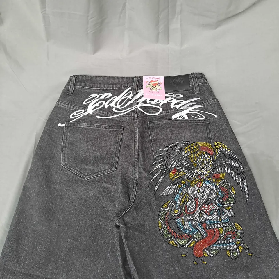 ED HARDY EAGLE SKULL DIAMANTE XTRA DENIM JEANS IN BLACK WASH 28W