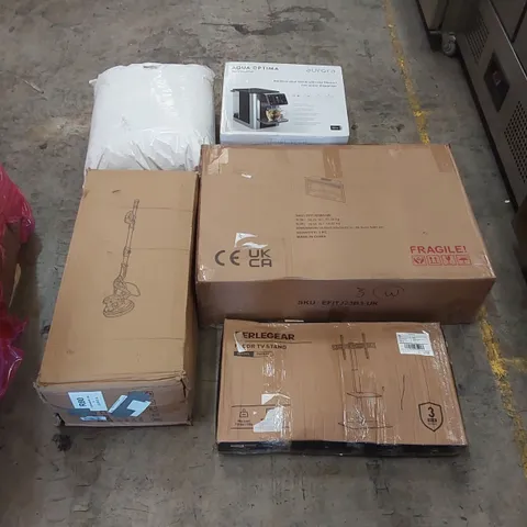 PALLET OF ASSORTED ITEMS INCLUDING: FIREPLACE, HOT WATER DISPENSER, FLOOR TV STAND, BEDDING ECT