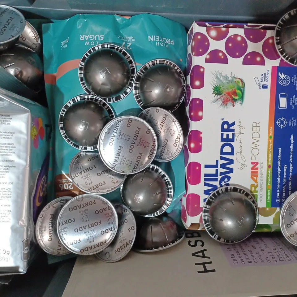 APPROXIMATELY 10 ASSORTED FOOD & DRINK ITEMS TO INCLUDE EXANTE SHAKE MEAL REPLACEMENT, TASSIMO CADBURY, WILL POWDER, ETC