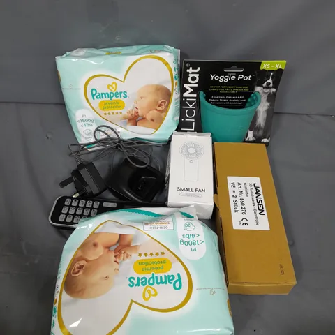 BOX OF ASSORTED HOUSEHOLD ITEM TO INCLUE NAPPIES, TELEPHONES AND LICKIMAT